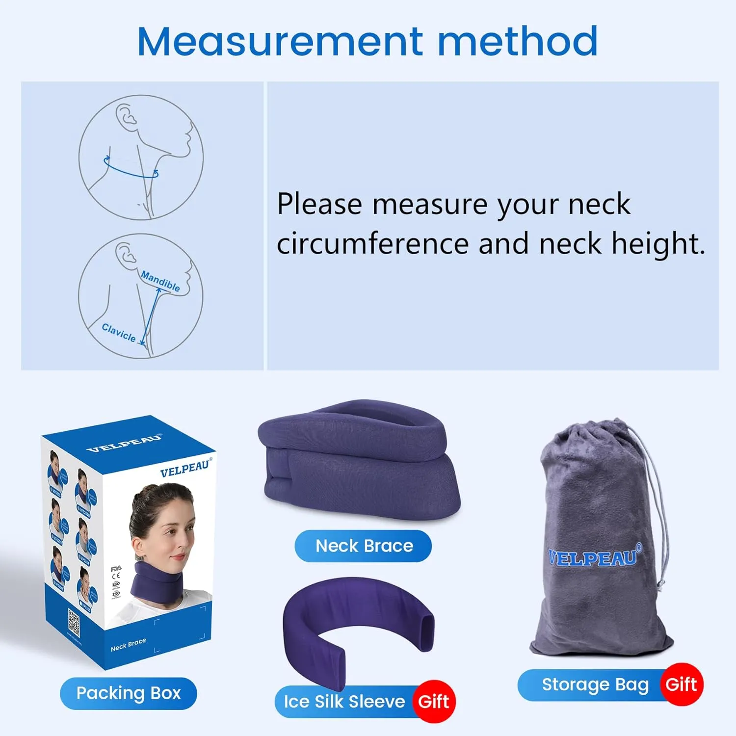 Velpeau Neck Brace for Neck Pain and Support -Soft Cervical Collar for Sleeping in Bed, Snoozing, Sleeping Upright, Anti-Snoring, Sleep Apnea for Women & Men(Blue, Comfort Version, XL: 16.5-18.7"/4")