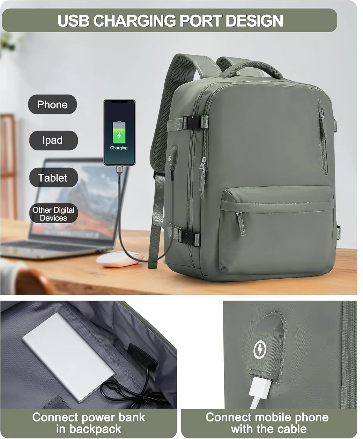VGCUB Lightweight Travel Backpack for Women Men, Carry On Flight Approved Luggage, Water Resistant Laptop College Work Backpack Personal Item Daypack Bookbag Mochila de Viaje, Green