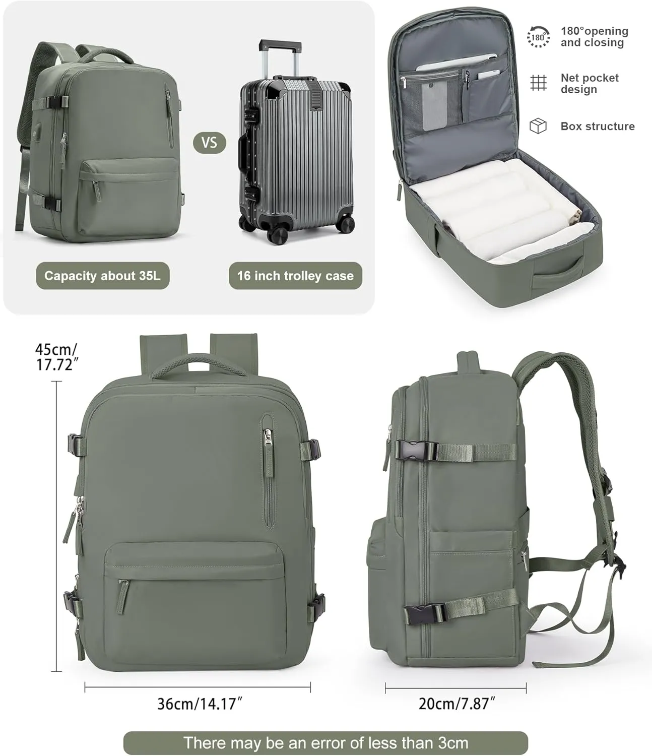 VGCUB Lightweight Travel Backpack for Women Men, Carry On Flight Approved Luggage, Water Resistant Laptop College Work Backpack Personal Item Daypack Bookbag Mochila de Viaje, Green