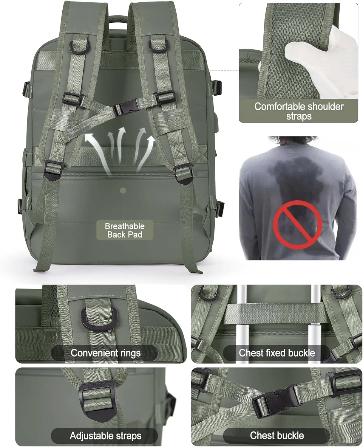 VGCUB Lightweight Travel Backpack for Women Men, Carry On Flight Approved Luggage, Water Resistant Laptop College Work Backpack Personal Item Daypack Bookbag Mochila de Viaje, Green