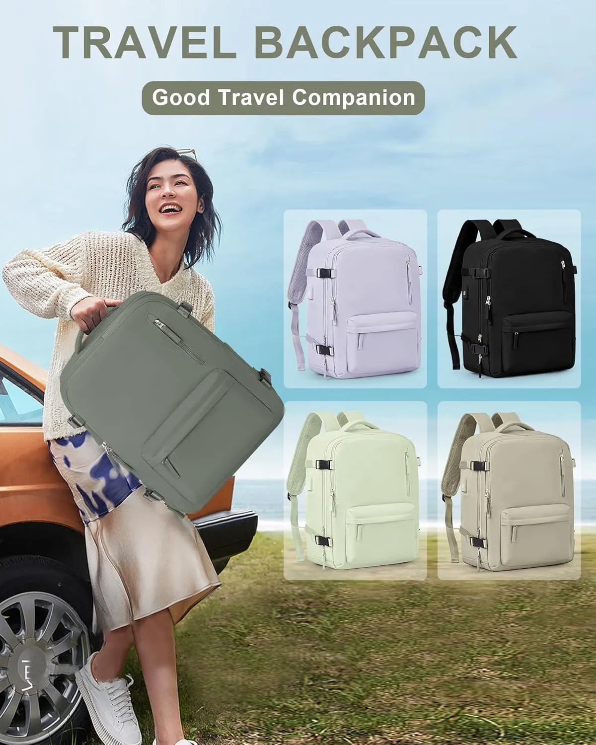 VGCUB Lightweight Travel Backpack for Women Men, Carry On Flight Approved Luggage, Water Resistant Laptop College Work Backpack Personal Item Daypack Bookbag Mochila de Viaje, Green