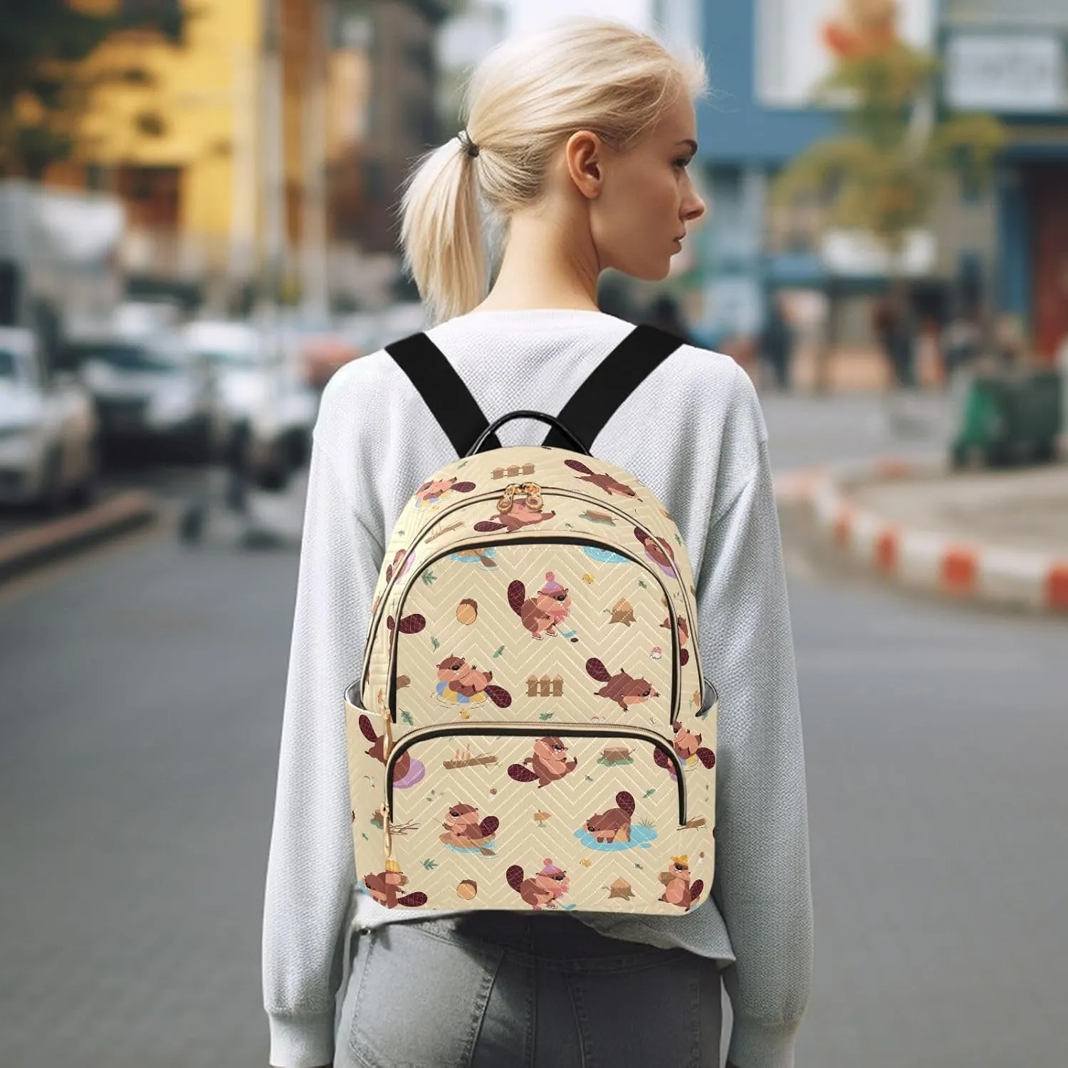 VIGTRO Women Fashion Backpack Quilted Mini Purse Naughty Beaver Cute Pattern, Lightweight Travel Casual Shoulder Backpack with Adjustable Straps Size M