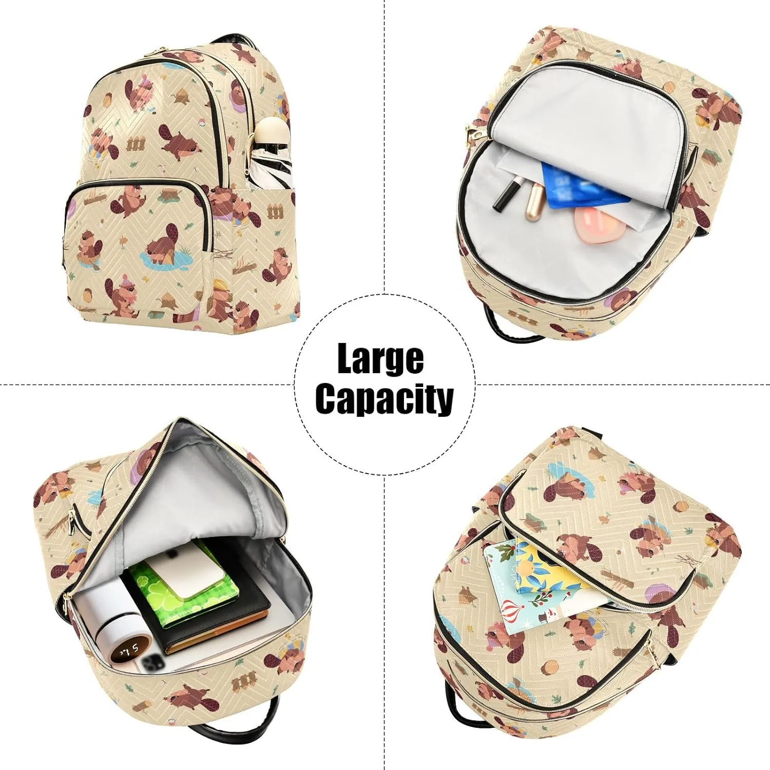 VIGTRO Women Fashion Backpack Quilted Mini Purse Naughty Beaver Cute Pattern, Lightweight Travel Casual Shoulder Backpack with Adjustable Straps Size M