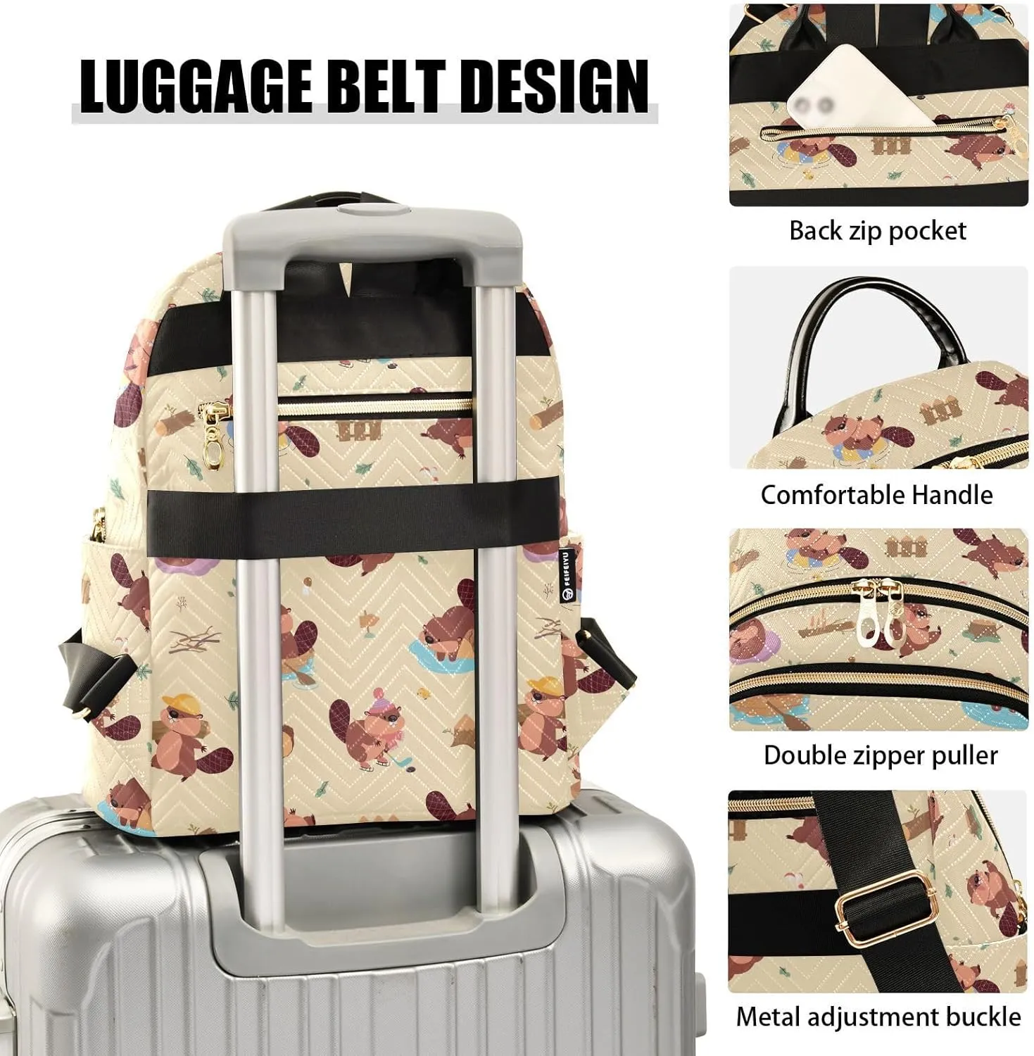 VIGTRO Women Fashion Backpack Quilted Mini Purse Naughty Beaver Cute Pattern, Lightweight Travel Casual Shoulder Backpack with Adjustable Straps Size M