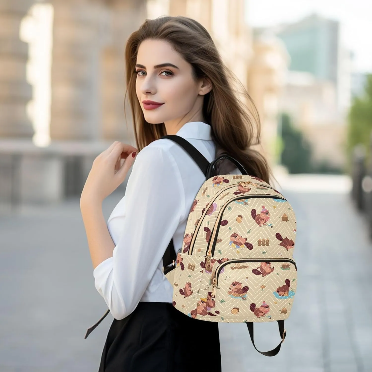 VIGTRO Women Fashion Backpack Quilted Mini Purse Naughty Beaver Cute Pattern, Lightweight Travel Casual Shoulder Backpack with Adjustable Straps Size M