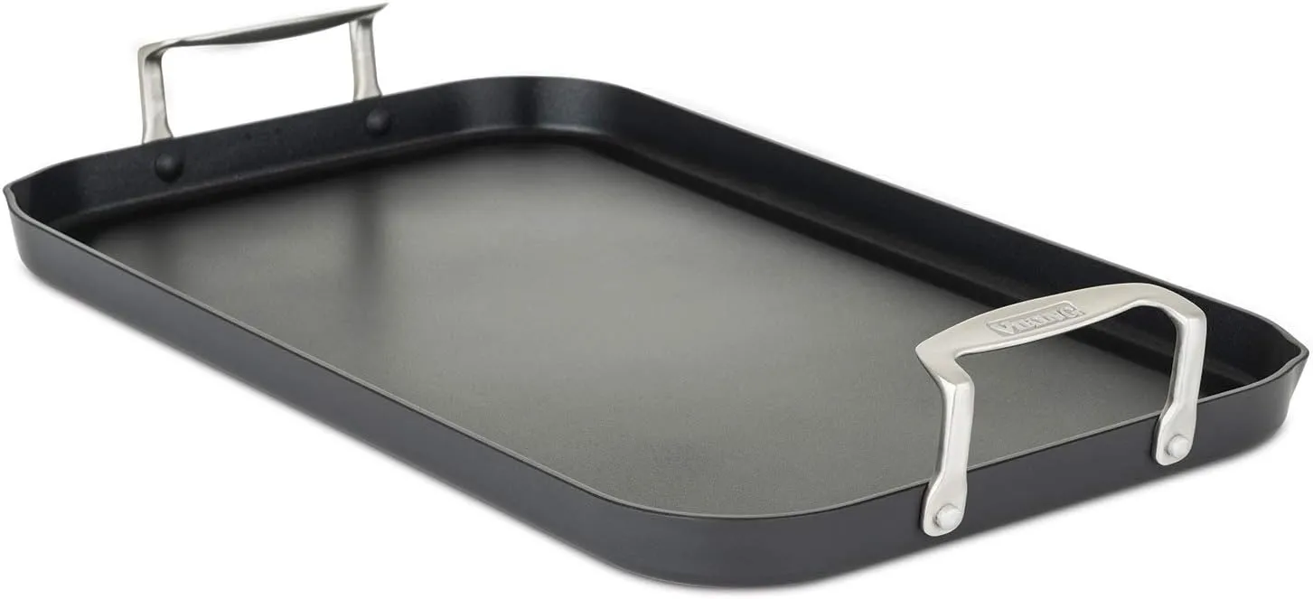 Viking Non Stick Double Burner Griddle, Hard Anodized Nonstick Kitchen Cookware Grill Pan with Handles, Oven Safe, Works on Electronic, Ceramic, and Gas Stove Tops, 19 x 11 Inch