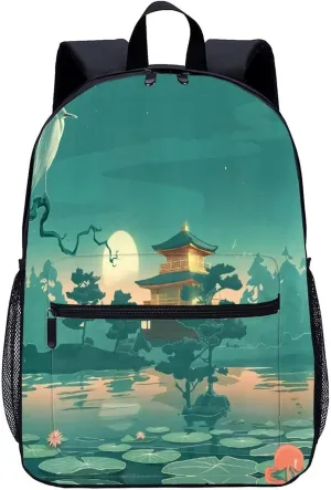 Vintage Anime Palace Moon Pond Large Backpack 17Inch Lightweight Laptop Bag with Pockets Travel Business Daypack