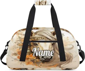 Vintage Flowers Horses Printing Custom Name Sport Duffel Bag Dance Bag for Girls Teens Personalized Ballet Bag Gift for Birthday Christmas Helloween