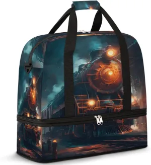 Vintage Steam Trains Foldable Duffle Bag with Shoes Compartment Large Capacity Waterproof Travel Weekender Bag Overnight Bag for Sports Gym