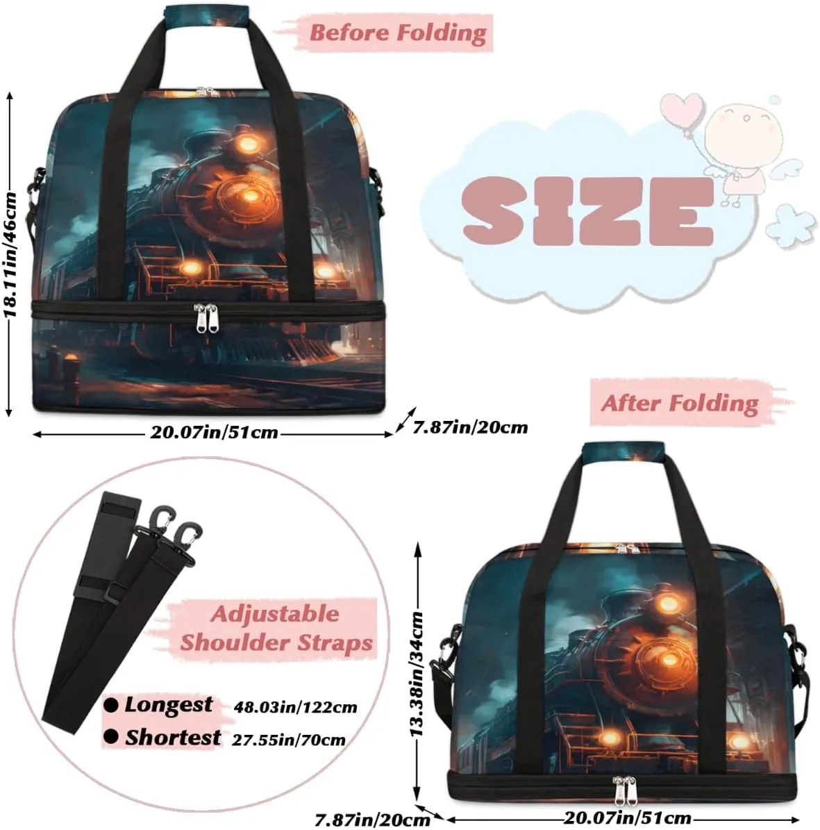 Vintage Steam Trains Foldable Duffle Bag with Shoes Compartment Large Capacity Waterproof Travel Weekender Bag Overnight Bag for Sports Gym