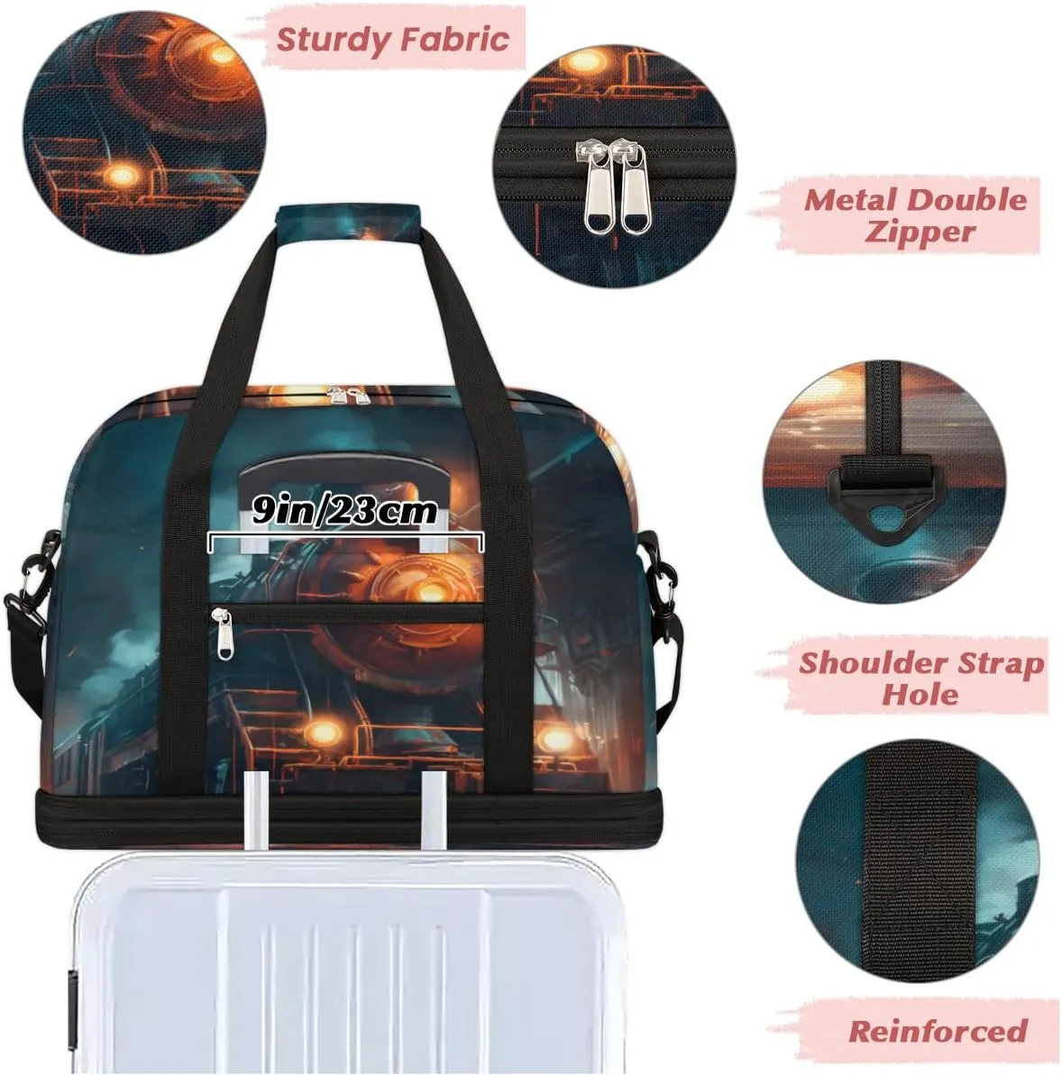 Vintage Steam Trains Foldable Duffle Bag with Shoes Compartment Large Capacity Waterproof Travel Weekender Bag Overnight Bag for Sports Gym