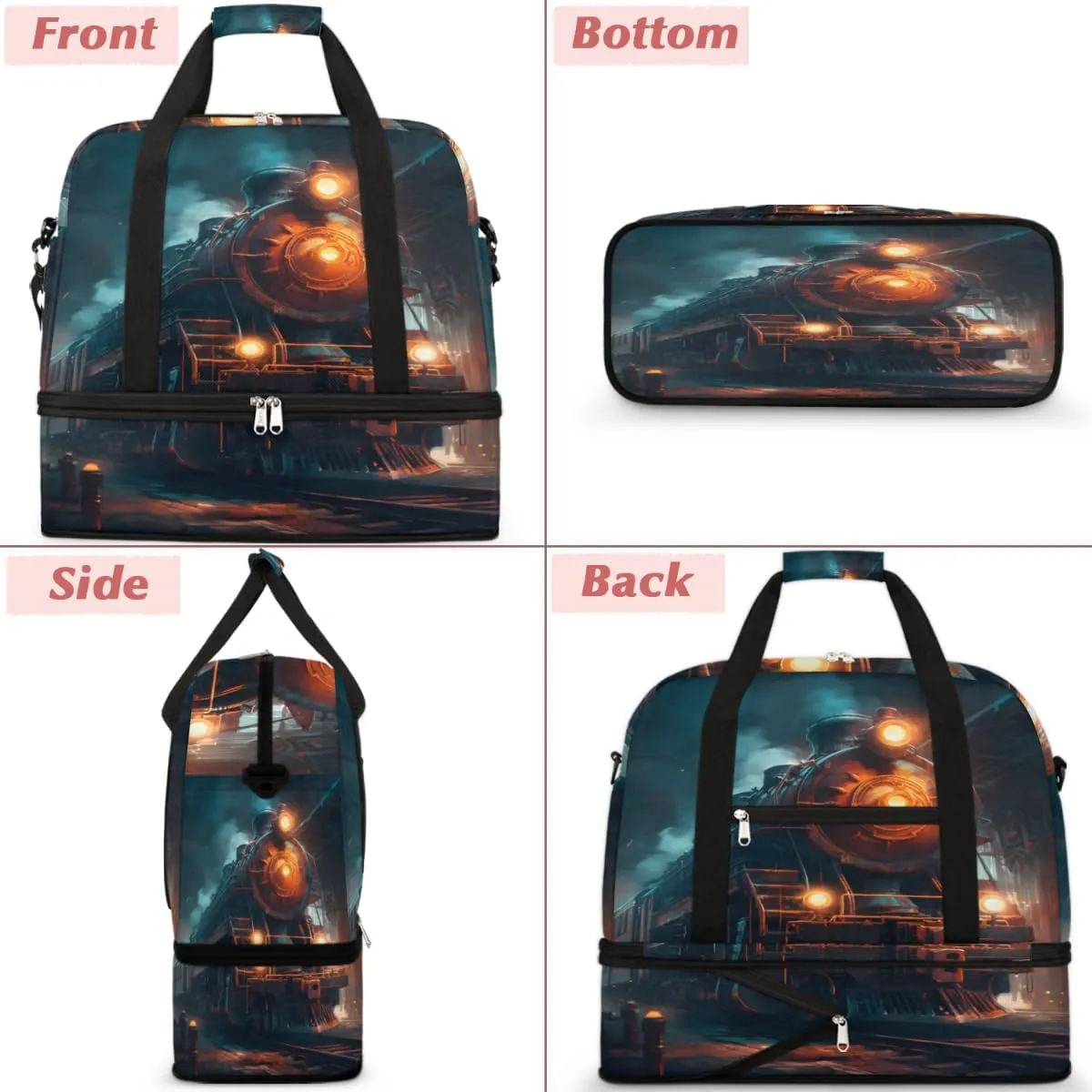 Vintage Steam Trains Foldable Duffle Bag with Shoes Compartment Large Capacity Waterproof Travel Weekender Bag Overnight Bag for Sports Gym