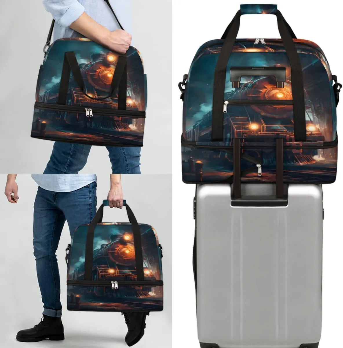 Vintage Steam Trains Foldable Duffle Bag with Shoes Compartment Large Capacity Waterproof Travel Weekender Bag Overnight Bag for Sports Gym