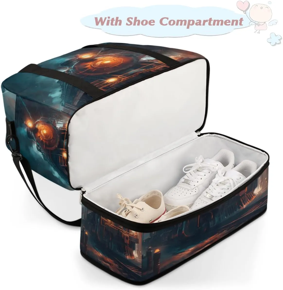 Vintage Steam Trains Foldable Duffle Bag with Shoes Compartment Large Capacity Waterproof Travel Weekender Bag Overnight Bag for Sports Gym