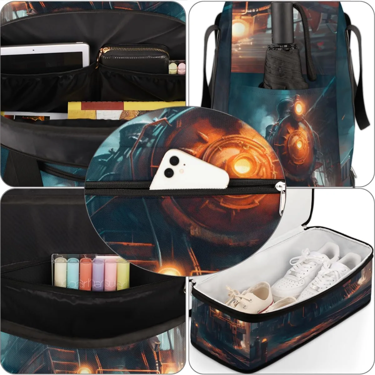 Vintage Steam Trains Foldable Duffle Bag with Shoes Compartment Large Capacity Waterproof Travel Weekender Bag Overnight Bag for Sports Gym