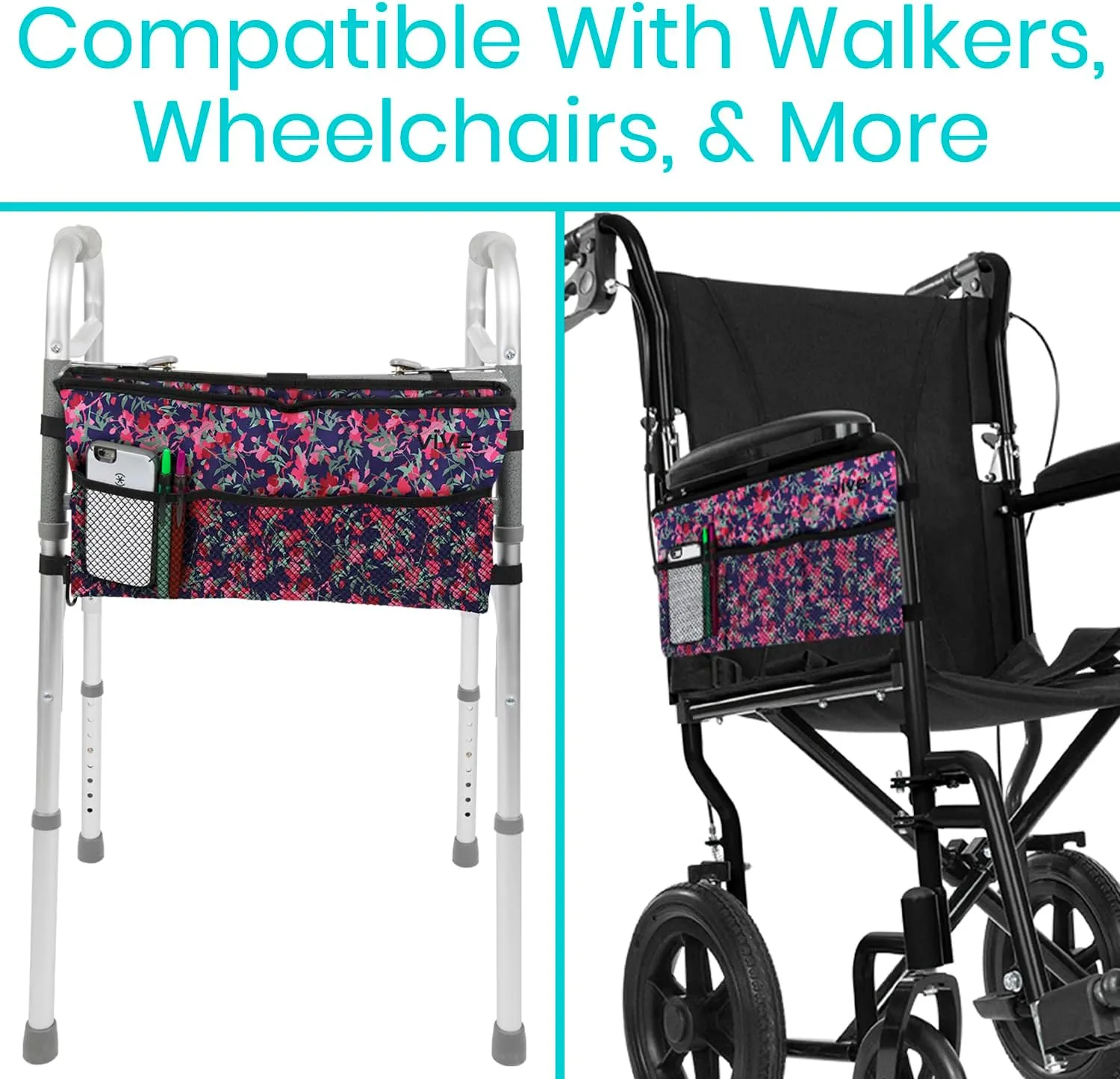 Vive Walker Bag - Accessories Wheelchair Basket Pouch (Water Resistant) - Seniors Caddy Accessory Attachment for Folding, Rolling Walkers - Carry Storage Carrier Tote - Lightweight, Universal Size