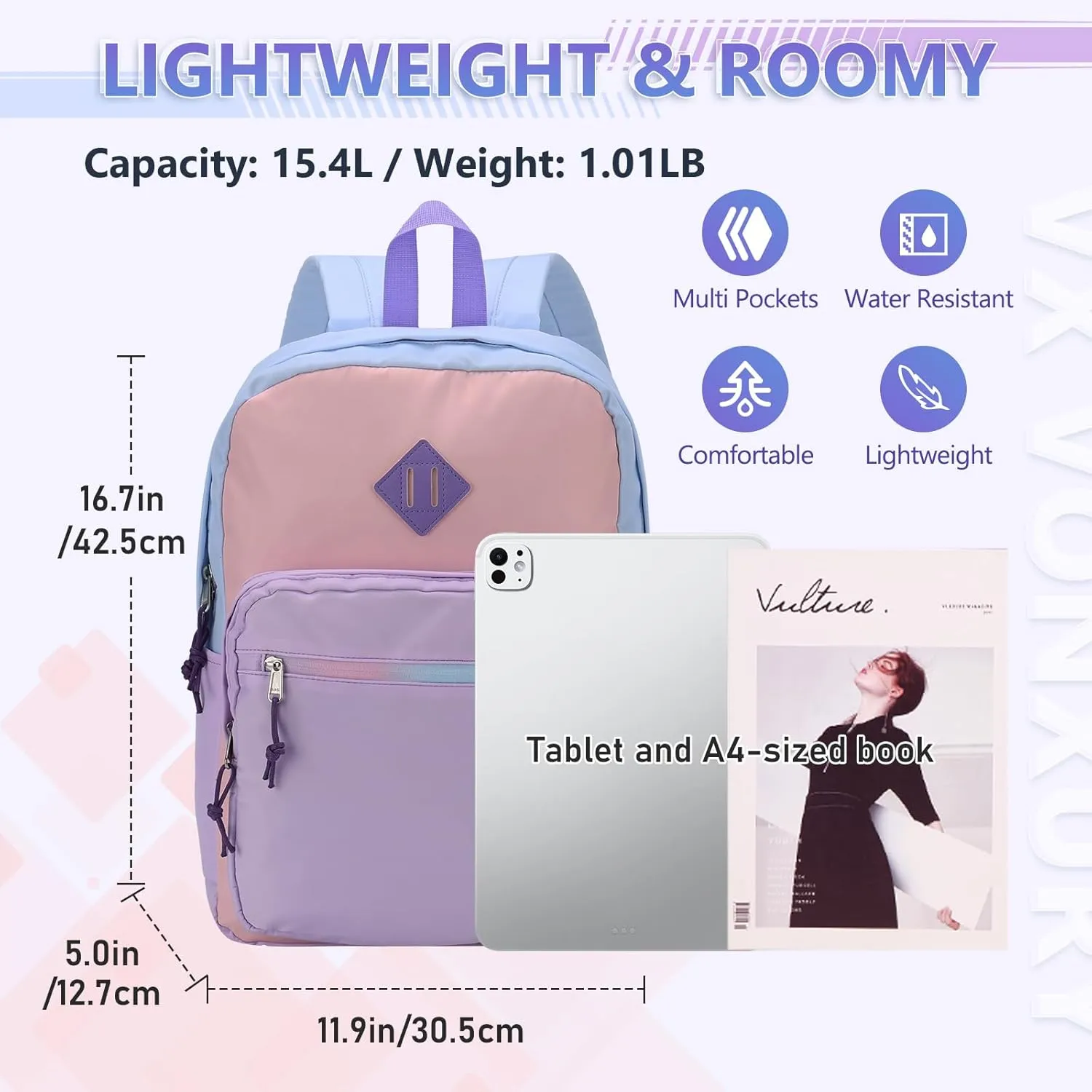 VX VONXURY School Backpack for Men Women,Lightweight Classic Basic Bookbag Simple Kids Black Backpack for College Travel
