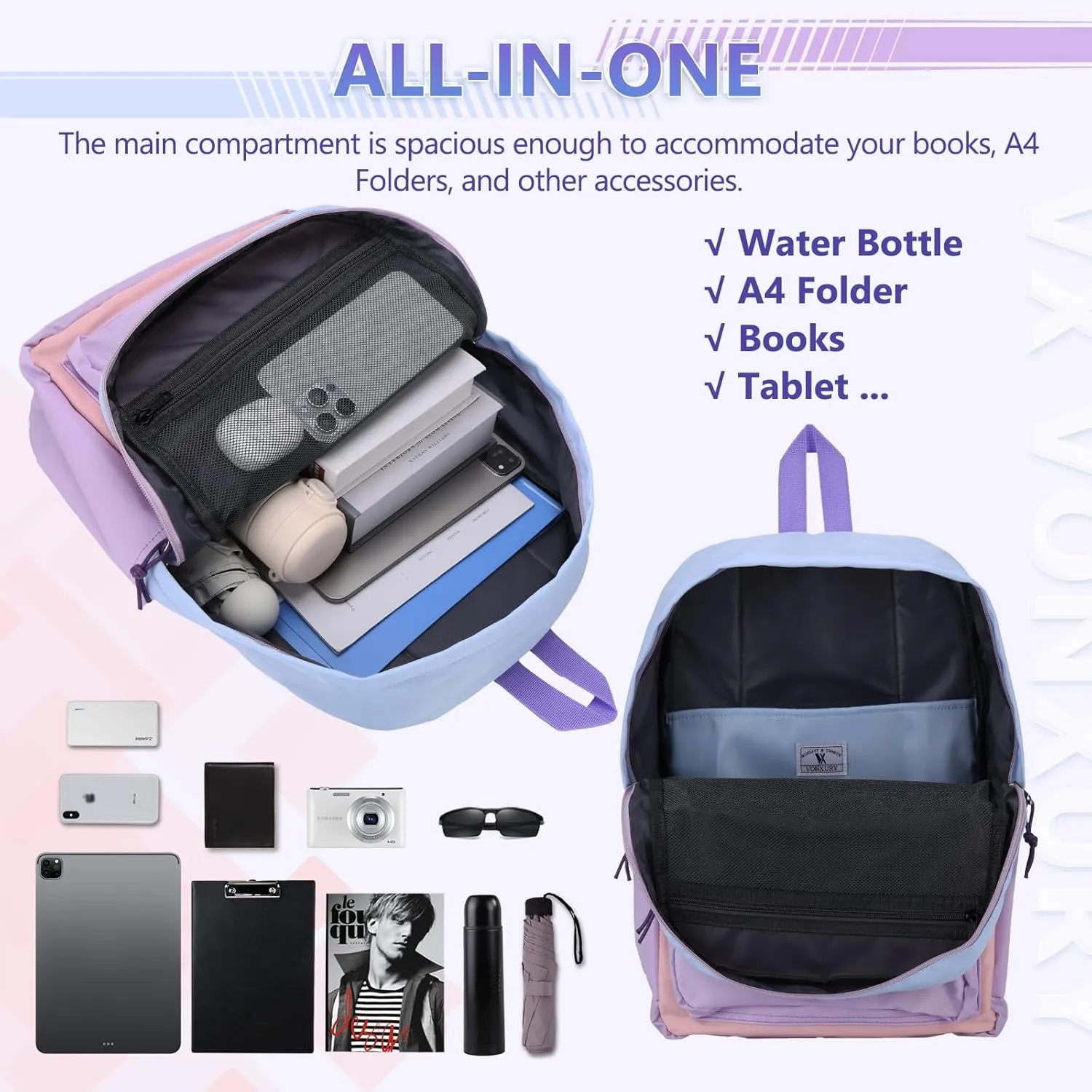 VX VONXURY School Backpack for Men Women,Lightweight Classic Basic Bookbag Simple Kids Black Backpack for College Travel