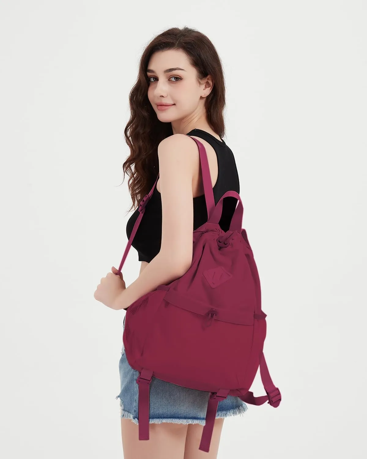 WANDF Drawstring Backpack for Women, Lightweight Gym Bag with Yoga Mat Strap, Water-Resistant String Backpack with Mesh Pocket (Red, Patent Pending)