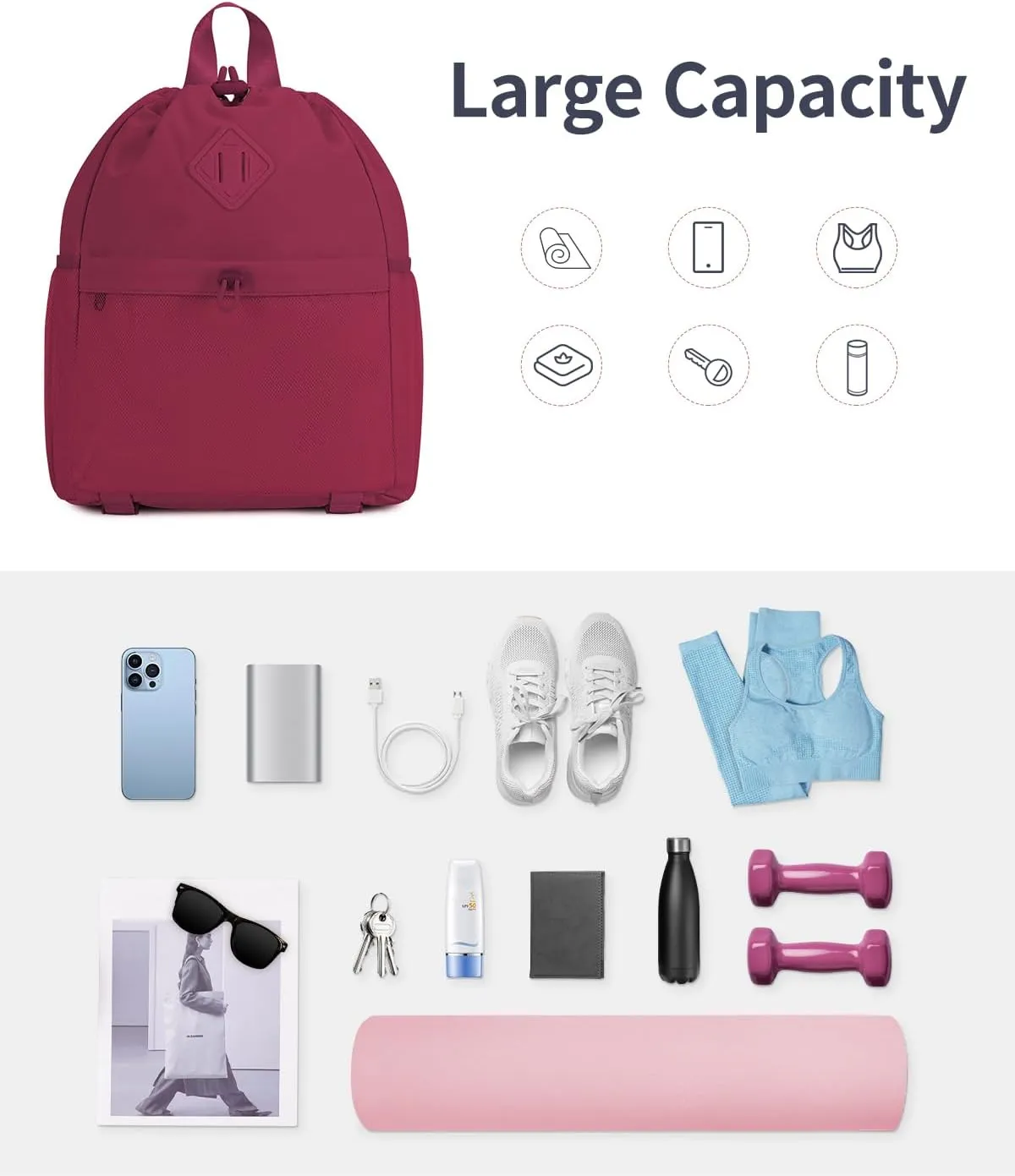 WANDF Drawstring Backpack for Women, Lightweight Gym Bag with Yoga Mat Strap, Water-Resistant String Backpack with Mesh Pocket (Red, Patent Pending)