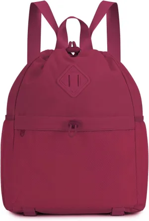 WANDF Drawstring Backpack for Women, Lightweight Gym Bag with Yoga Mat Strap, Water-Resistant String Backpack with Mesh Pocket (Red, Patent Pending)
