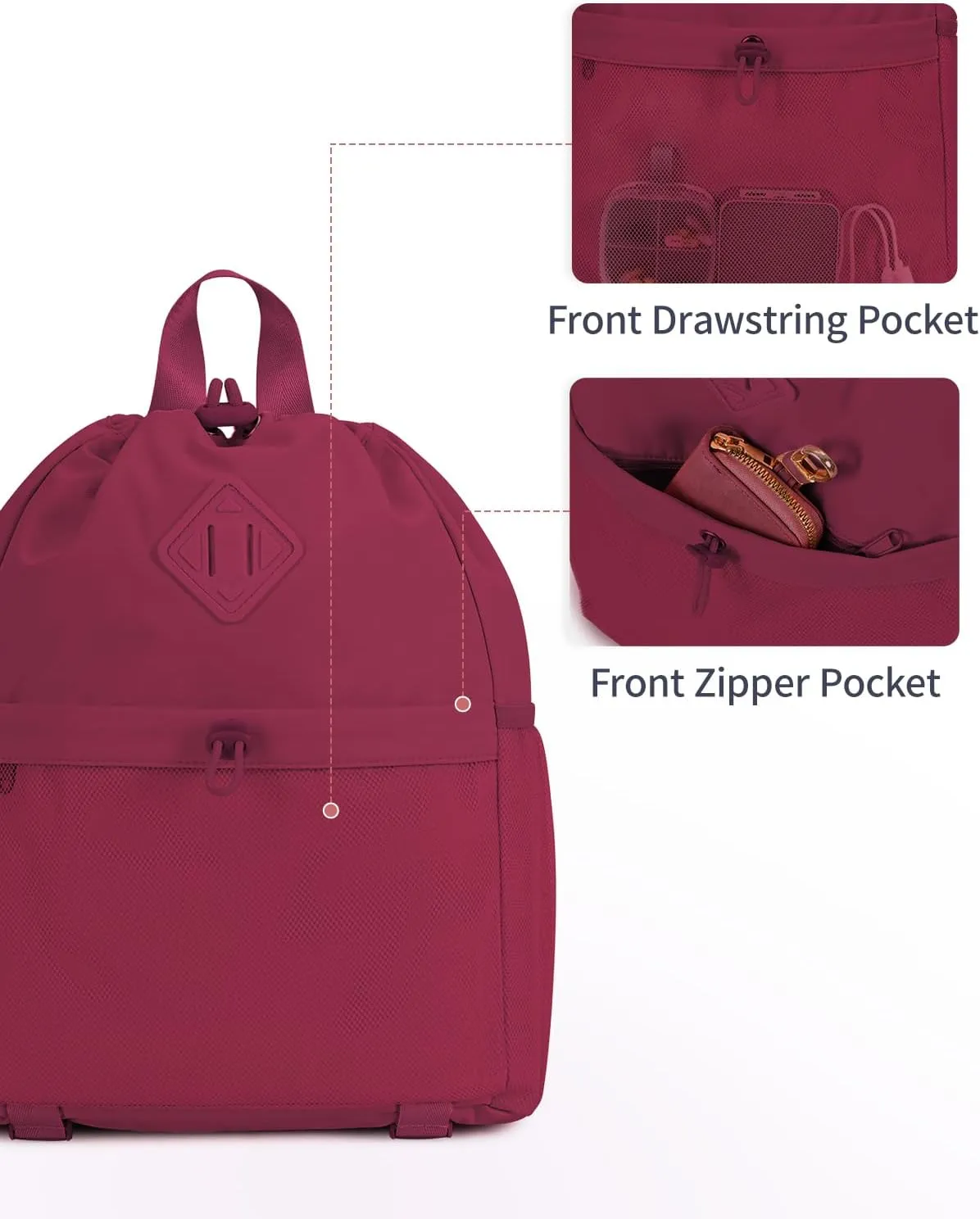 WANDF Drawstring Backpack for Women, Lightweight Gym Bag with Yoga Mat Strap, Water-Resistant String Backpack with Mesh Pocket (Red, Patent Pending)