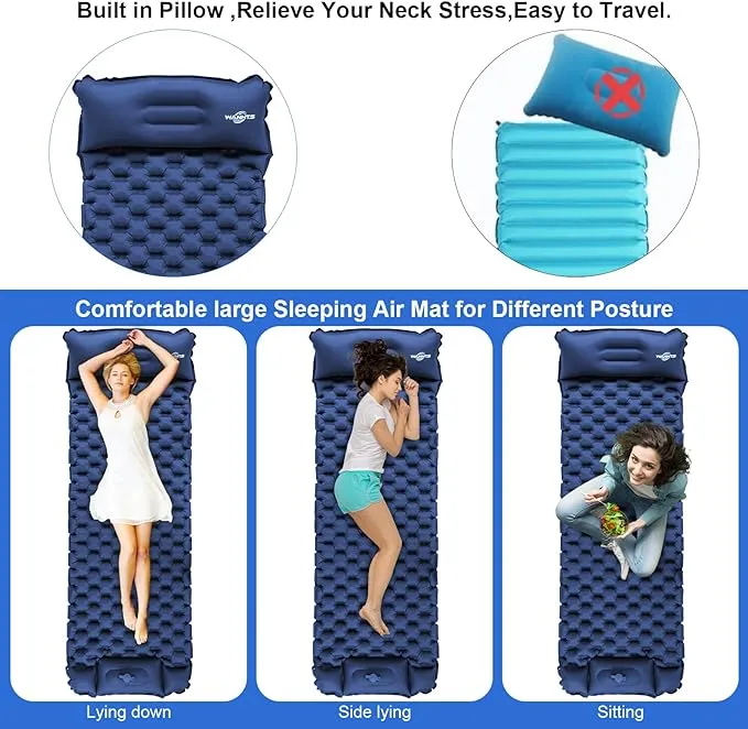 WANNTS Sleeping Pad, Ultralight Inflatable Sleeping Pad for Camping, Built-in Pump, Ultimate for Camping, Hiking - Airpad, Carry Bag, Repair Kit - Compact & Lightweight Camping Pad(Blue)