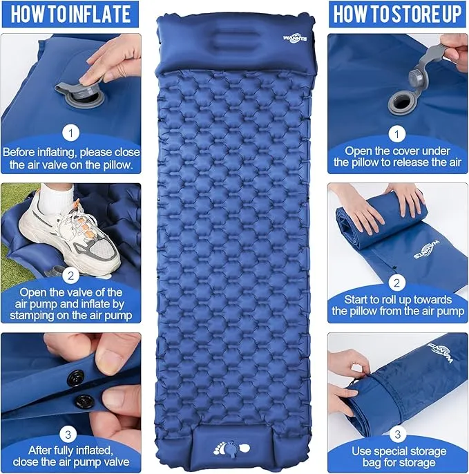 WANNTS Sleeping Pad, Ultralight Inflatable Sleeping Pad for Camping, Built-in Pump, Ultimate for Camping, Hiking - Airpad, Carry Bag, Repair Kit - Compact & Lightweight Camping Pad(Blue)