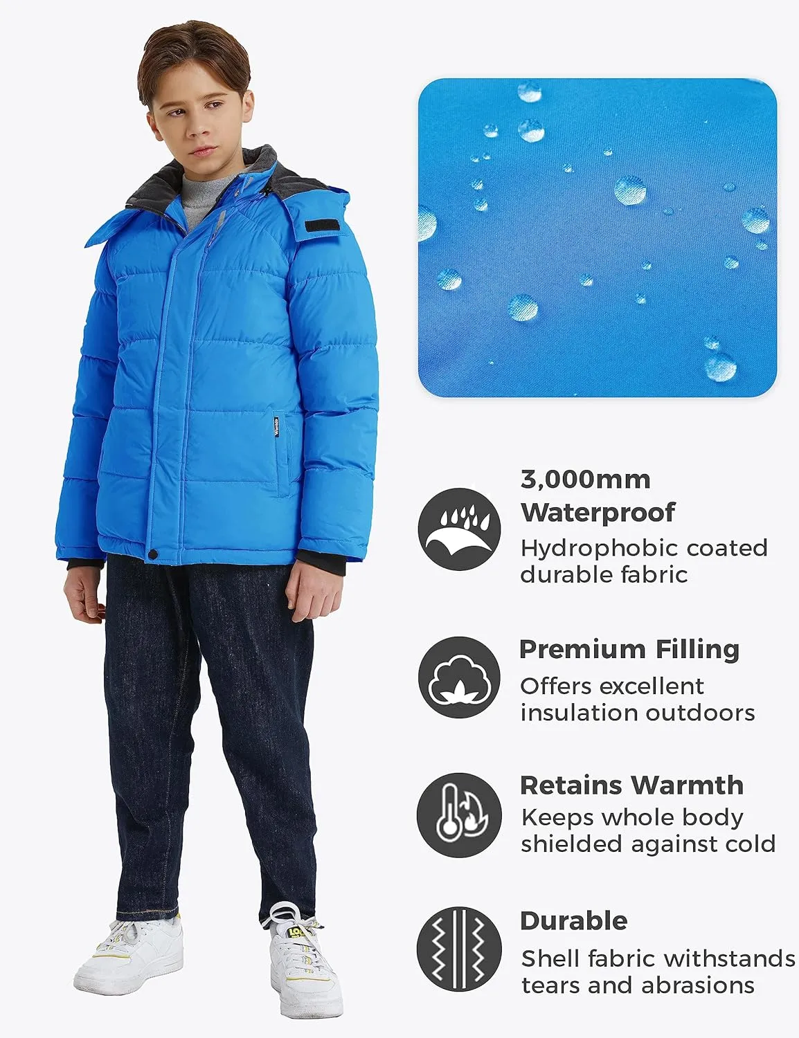 wantdo Boy's Fleece Winter Coat Waterproof Puffer Jacket Warm Winter Jackets with Hood