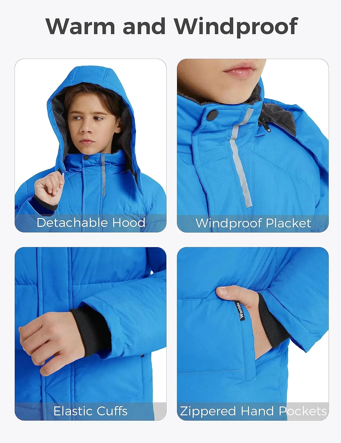 wantdo Boy's Fleece Winter Coat Waterproof Puffer Jacket Warm Winter Jackets with Hood