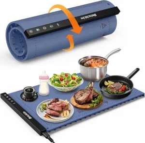 Warming Trays for Buffets & Parties, Silicone Heating Mat with 6 Temperature Settings, Rollable & Portable Food Warmer Plate for Sabbath, Family - Blue Nova