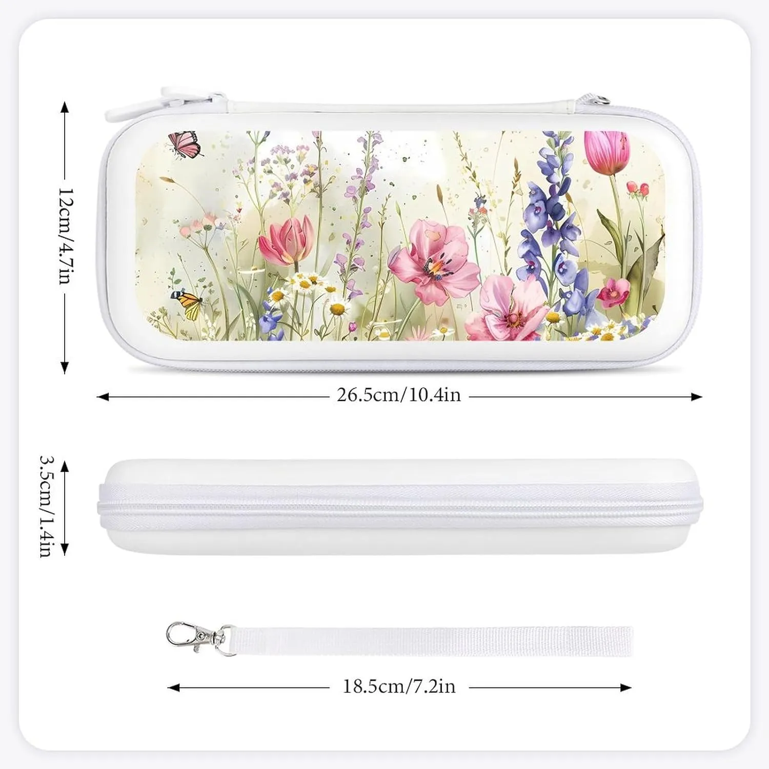 Watercolor Wildflowers Butterflies Hard Shell Travel Case with Rope 15 Game Card Pockets Compatible with Switch Protective