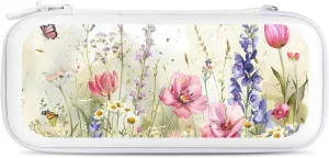 Watercolor Wildflowers Butterflies Hard Shell Travel Case with Rope 15 Game Card Pockets Compatible with Switch Protective