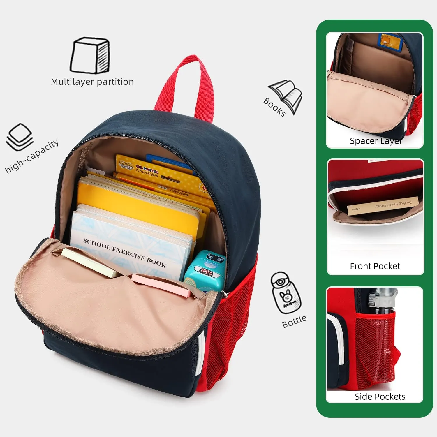 Waterproof Backpack for School Kids Backpack Bookbag Girls Boys Lightweight Travel Bag (Red)