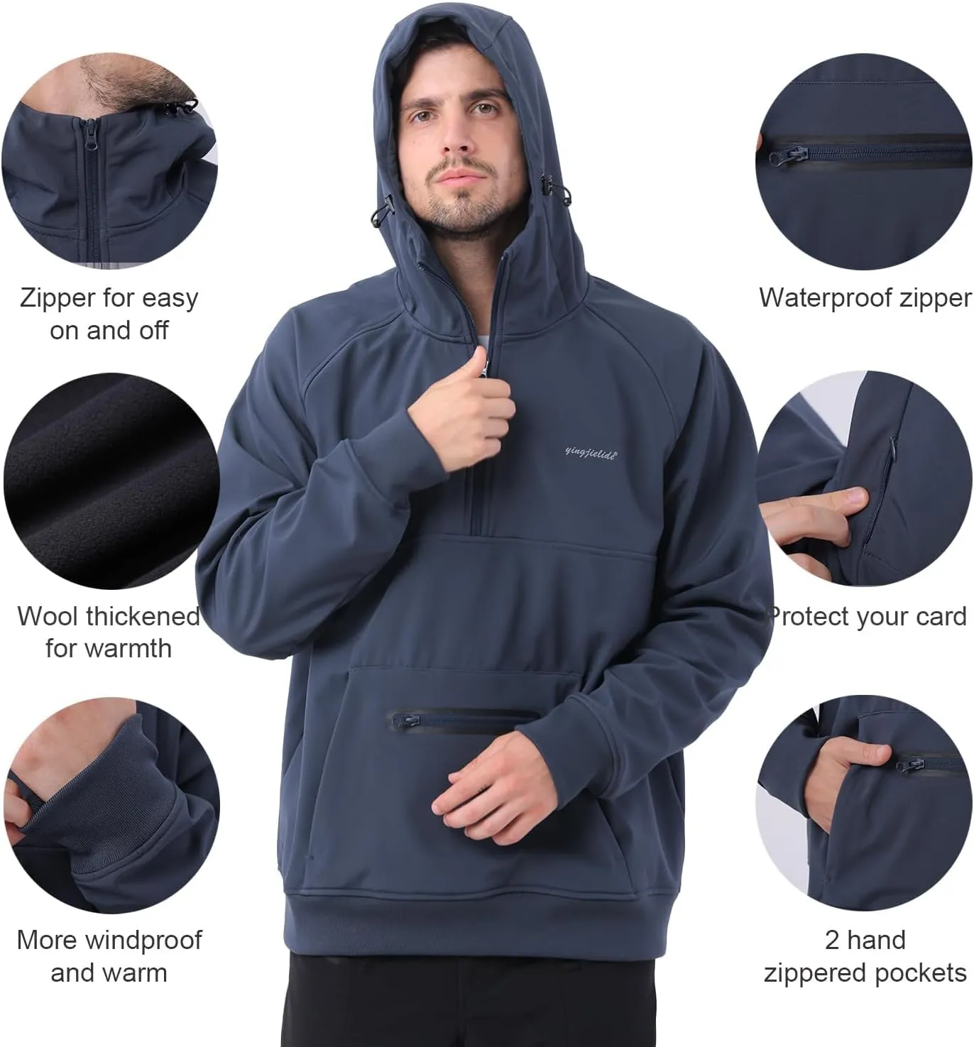 Waterproof Fleece Hoodies For Men Windbreaks Resistant Sweatshirt Softshell Rain Jacket Winter Coat Half Zip Pullover