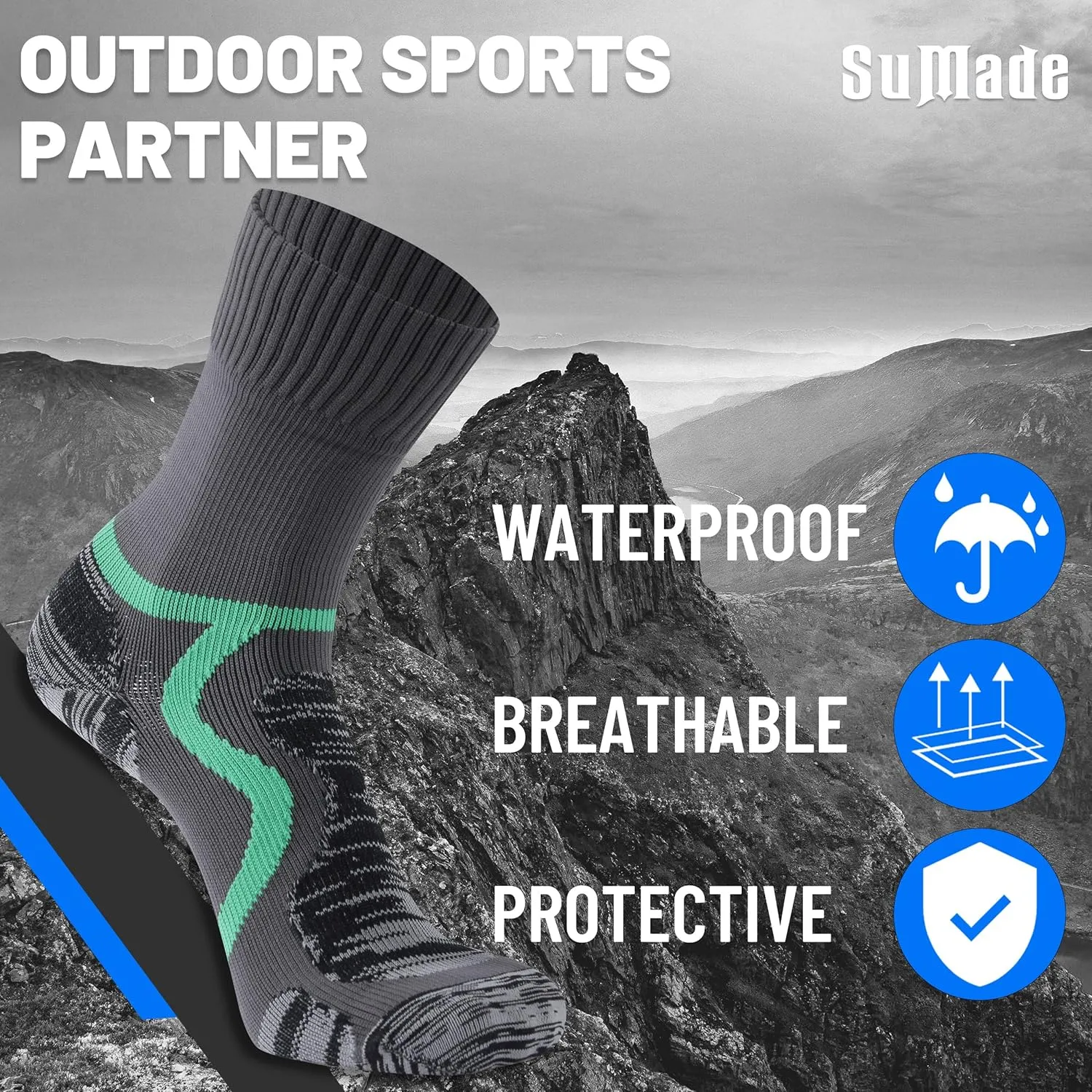 Waterproof Socks, Unisex Men Women Breathable Dry Fit Moisture Wicking Hiking Cycling Kayaking Crew Socks