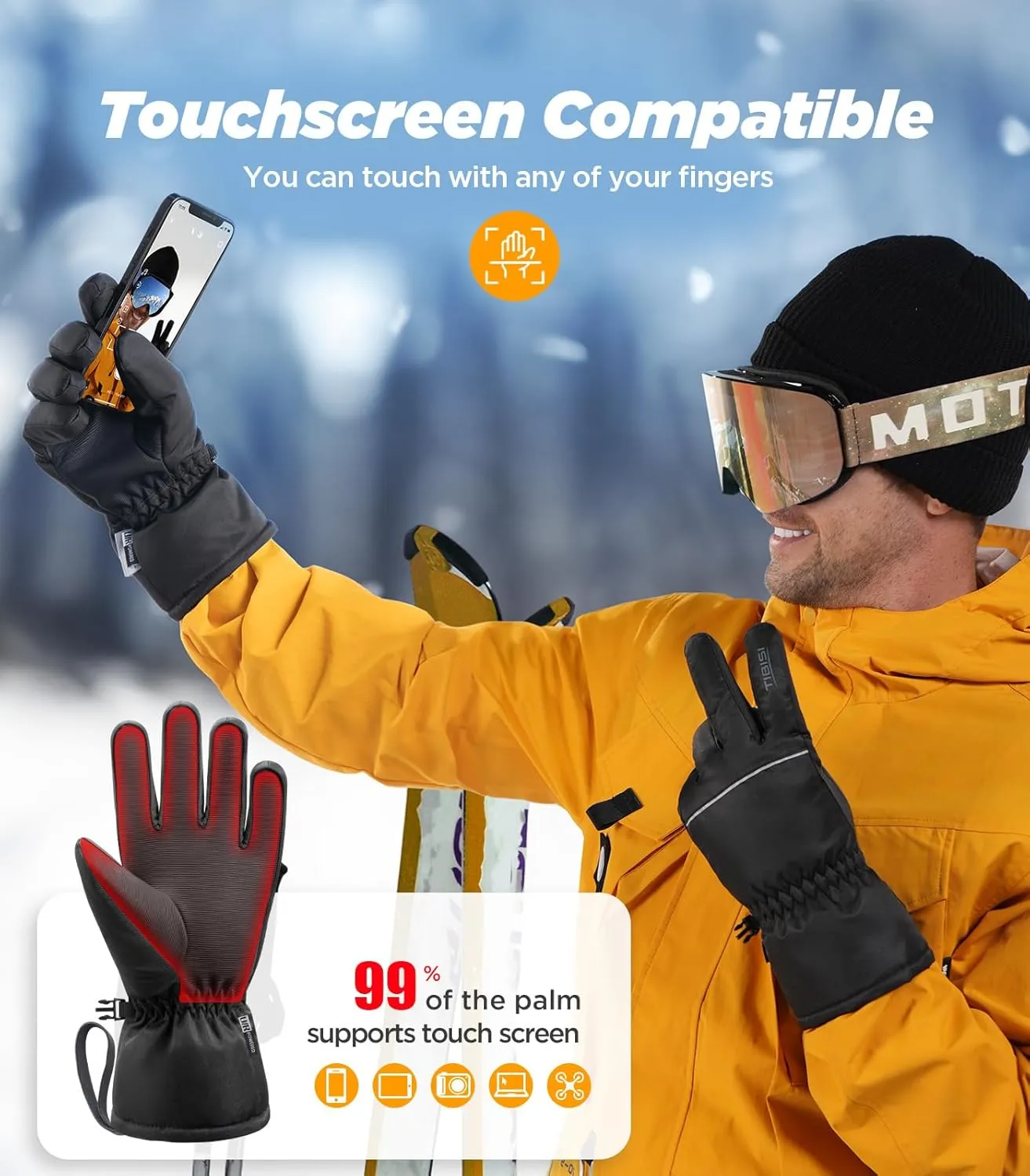 Waterproof Winter Ski Gloves Thermal -10F, 3M Thinsulate Thick Warm Windproof Snow Touch Screen Anti-Slip for Skiing Cold Weather Cycling Hiking for Men Women