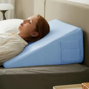 Wedge Pillow for Sleeping, 10 inch Elevated Support Bed Wedge Pillow, Breathable Triangle Pillow Wedge with Cooling Memory Foam Top - Removable Washable Cover, Light Blue