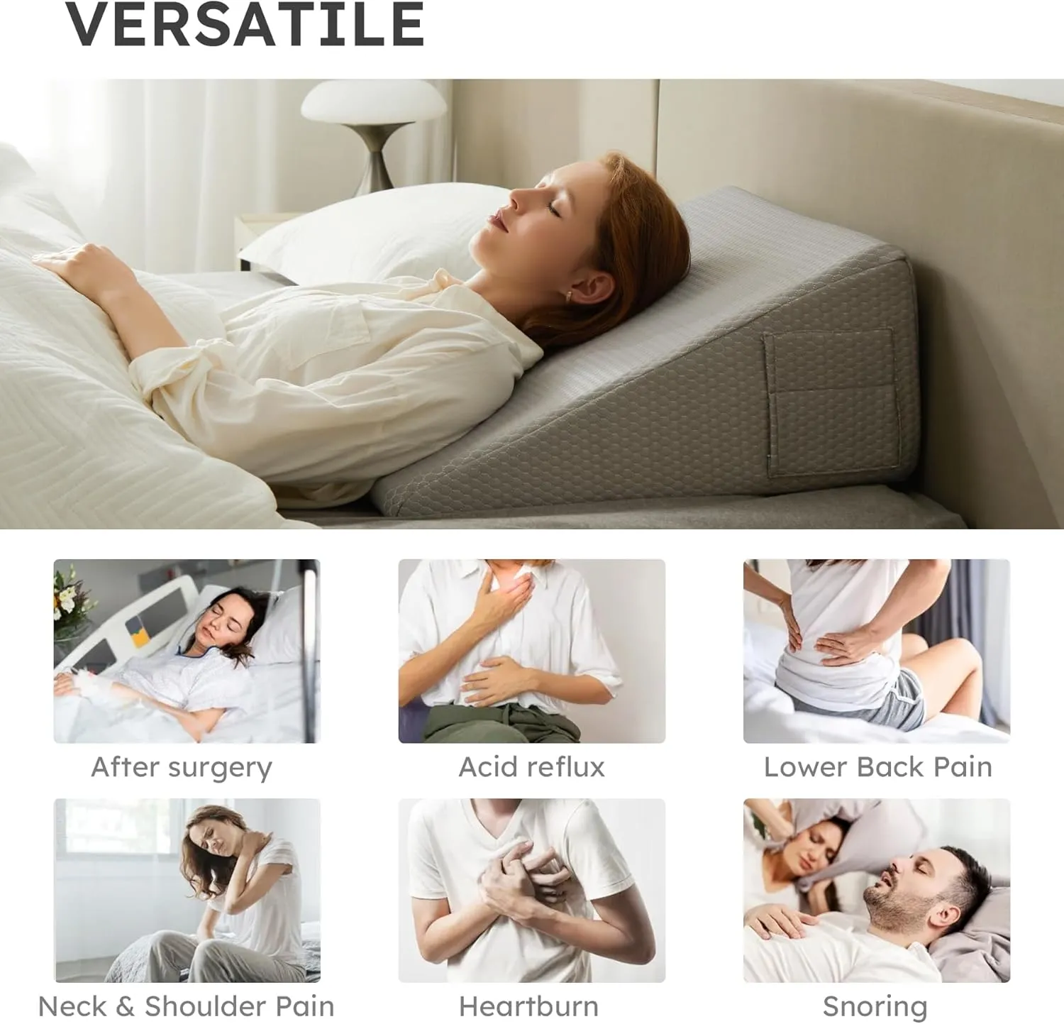 Wedge Pillow for Sleeping, 12 inch Elevated Support Bed Wedge Pillow, Breathable Triangle Pillow Wedge with Cooling Memory Foam Top - Removable Washable Cover, Grey
