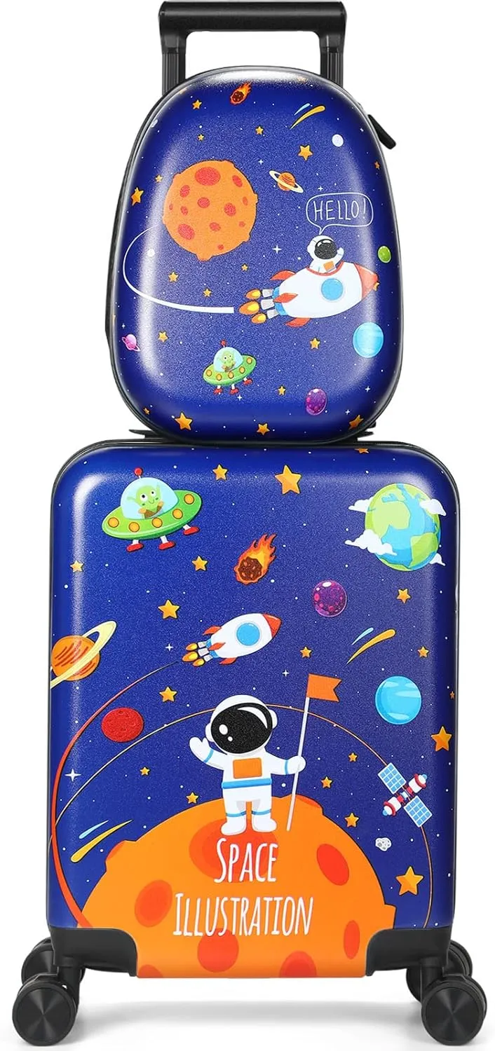 Weewooday Kids Luggage and Backpack 18" Suitcase with Spinner Wheel Hard Case Travel 13" Backpack Girl Suitcase Set for Kids Travel Supplies(Blue,Spaceman Style)