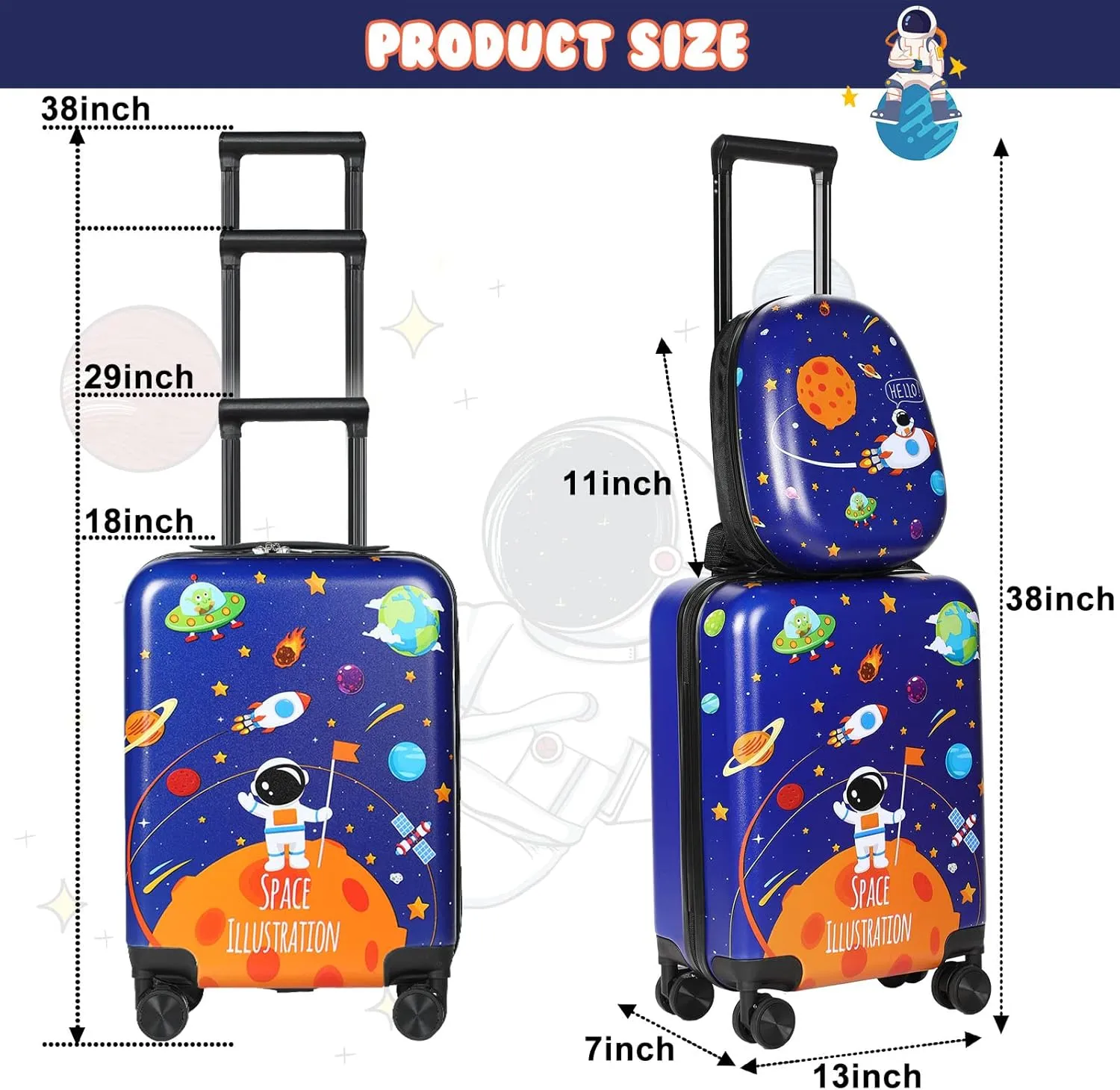 Weewooday Kids Luggage and Backpack 18" Suitcase with Spinner Wheel Hard Case Travel 13" Backpack Girl Suitcase Set for Kids Travel Supplies(Blue,Spaceman Style)