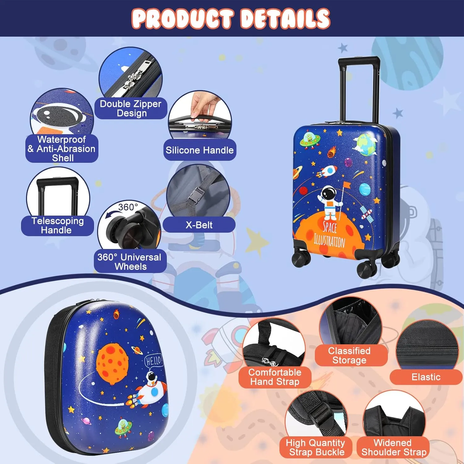 Weewooday Kids Luggage and Backpack 18" Suitcase with Spinner Wheel Hard Case Travel 13" Backpack Girl Suitcase Set for Kids Travel Supplies(Blue,Spaceman Style)