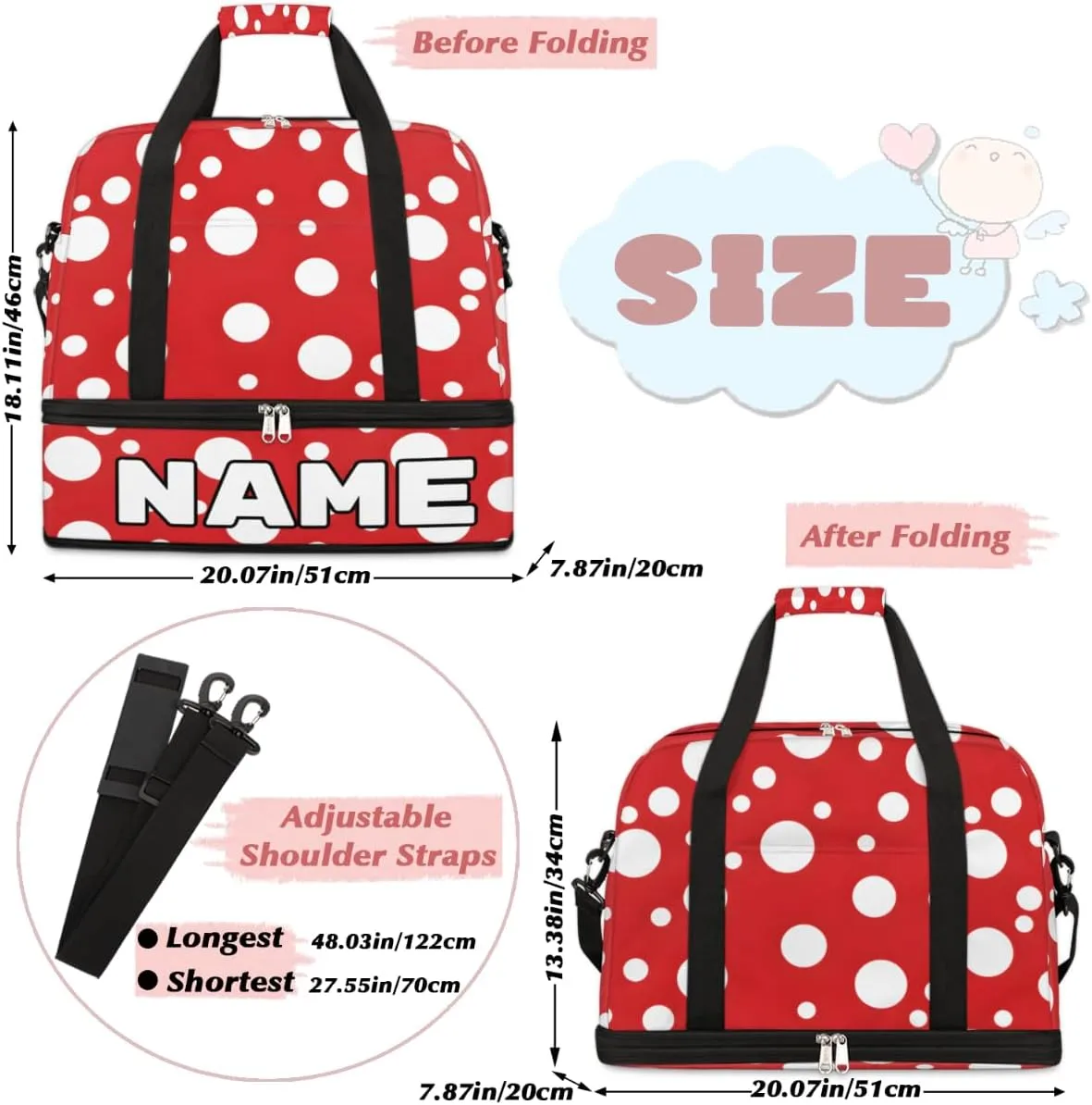 White Polka Dots on Red Custom Foldable Duffle Bag with Shoes Compartment Personalized Large Capacity Waterproof Travel Weekender Bag Overnight Bag for Sports Gym