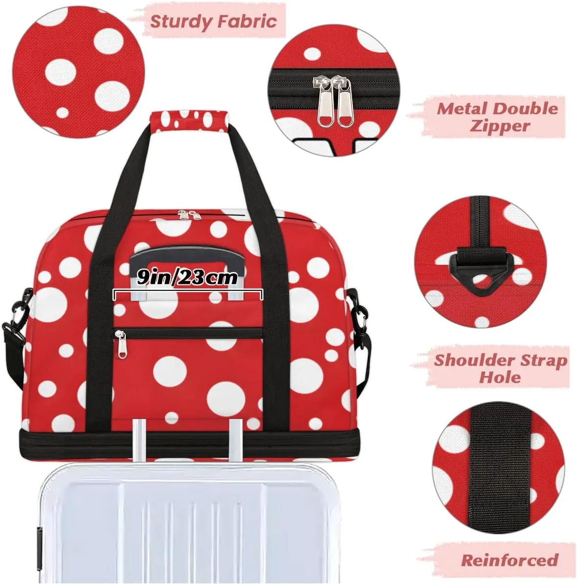 White Polka Dots on Red Custom Foldable Duffle Bag with Shoes Compartment Personalized Large Capacity Waterproof Travel Weekender Bag Overnight Bag for Sports Gym
