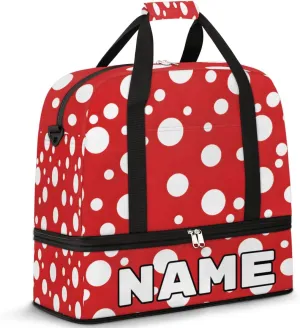 White Polka Dots on Red Custom Foldable Duffle Bag with Shoes Compartment Personalized Large Capacity Waterproof Travel Weekender Bag Overnight Bag for Sports Gym