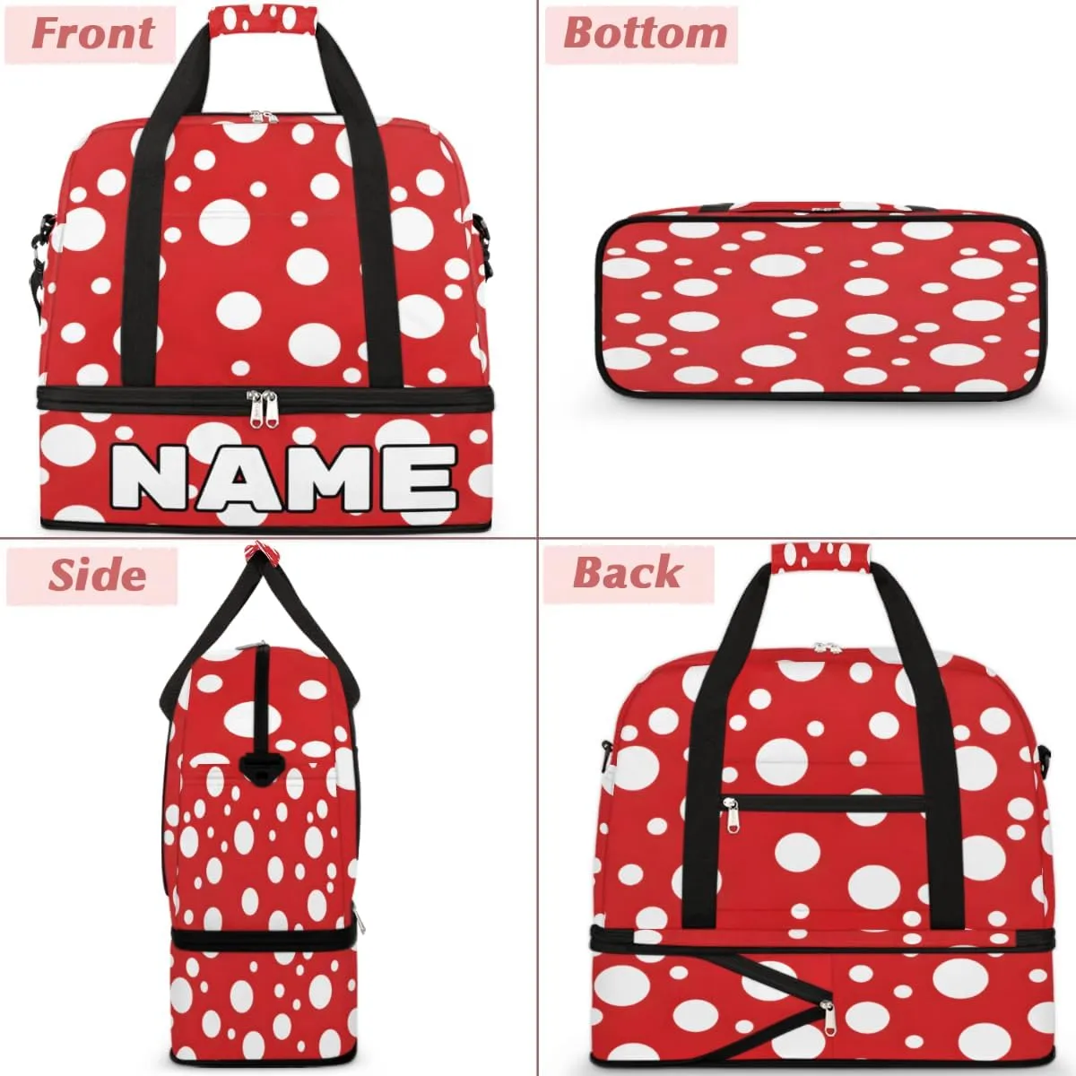 White Polka Dots on Red Custom Foldable Duffle Bag with Shoes Compartment Personalized Large Capacity Waterproof Travel Weekender Bag Overnight Bag for Sports Gym