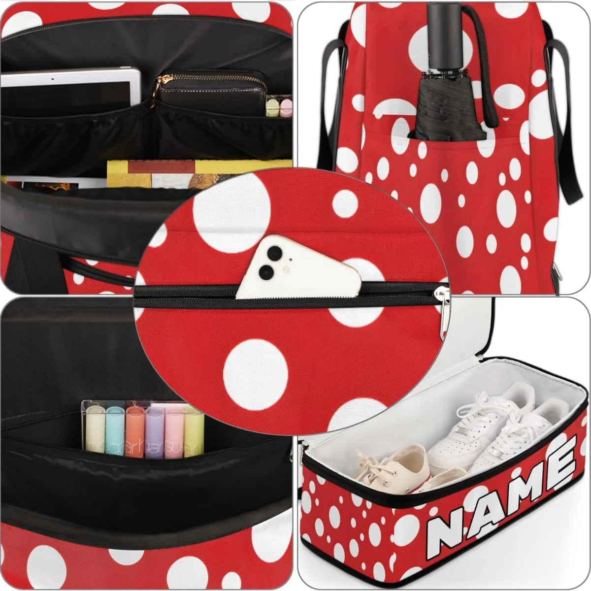 White Polka Dots on Red Custom Foldable Duffle Bag with Shoes Compartment Personalized Large Capacity Waterproof Travel Weekender Bag Overnight Bag for Sports Gym