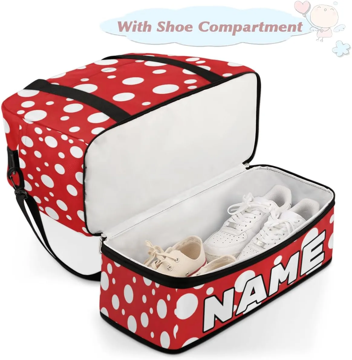 White Polka Dots on Red Custom Foldable Duffle Bag with Shoes Compartment Personalized Large Capacity Waterproof Travel Weekender Bag Overnight Bag for Sports Gym