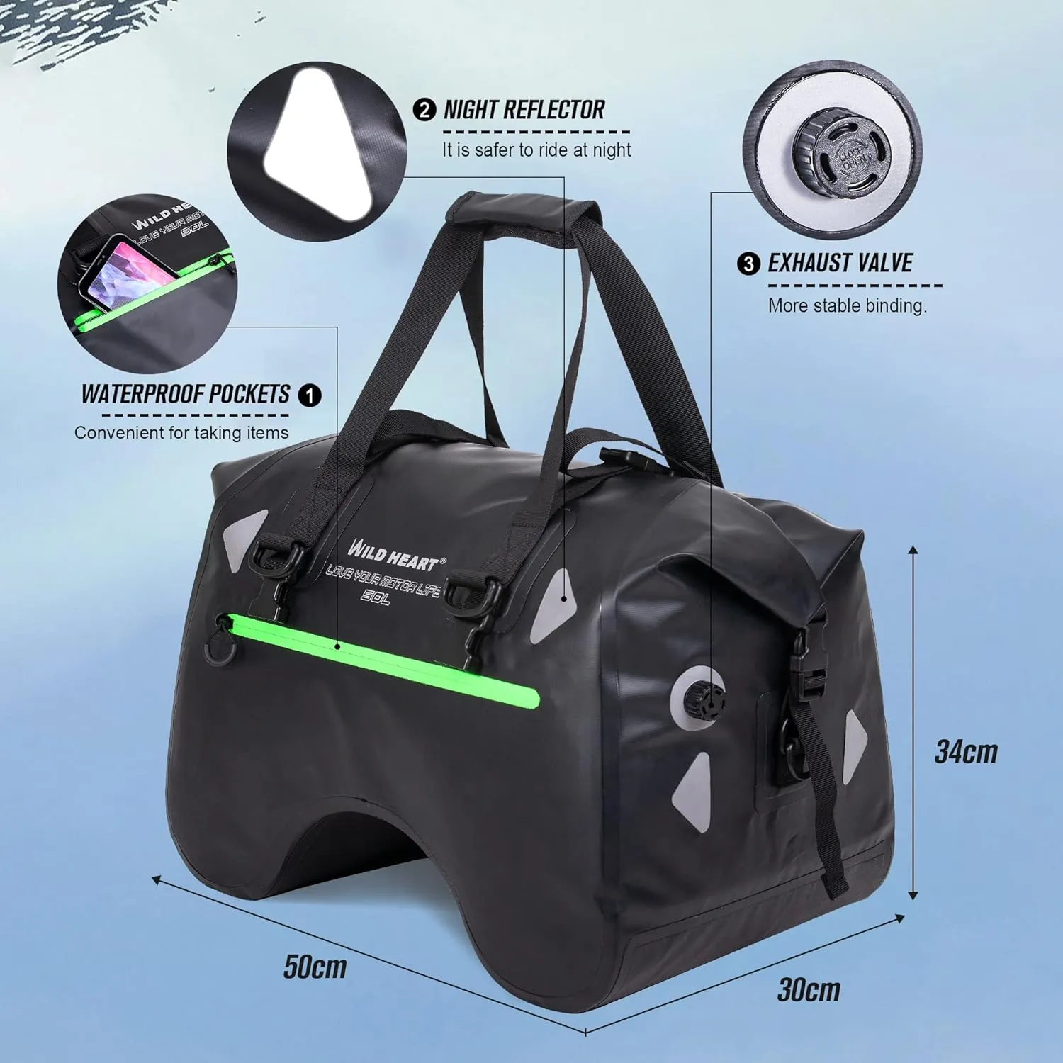 WILD HEART Dry Motorcycle Tail bag 70L/50L With Rope Straps and Inner Pocket Waterproof PVC 500D for Travel,Motorcycle and so on