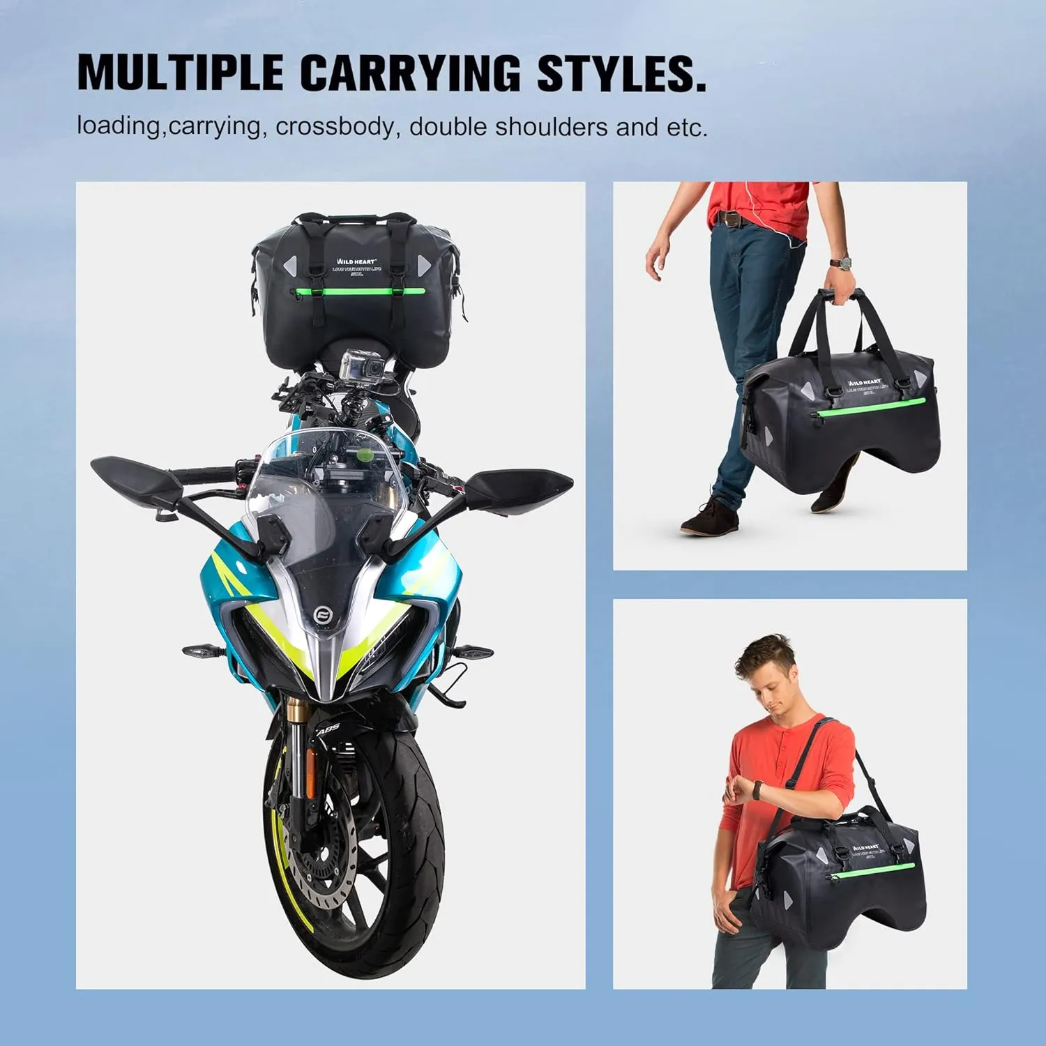 WILD HEART Dry Motorcycle Tail bag 70L/50L With Rope Straps and Inner Pocket Waterproof PVC 500D for Travel,Motorcycle and so on